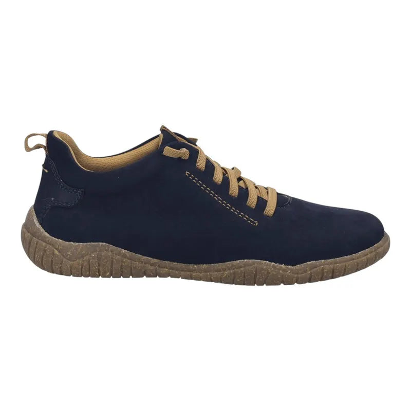 Josef Seibel Wynona 06 Blue womens barefoot shoes discover natural movement from their Barefoot Collection. Featuring a wide toe box, elasticated laces, and an ultra-light flexible design for total freedom Navy blue sneaker with beige accents on a white background