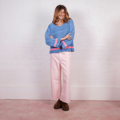 Cara & The Sky Judith Pointelle Stitch V Neck Jumper Blue