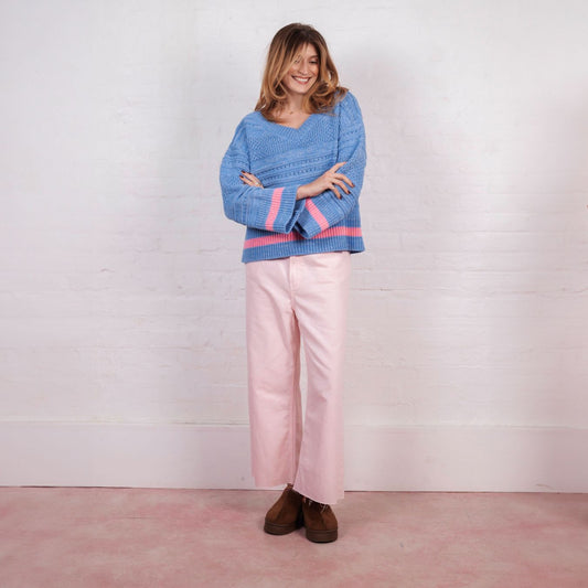 Cara & The Sky Judith Pointelle Stitch V Neck Jumper Blue