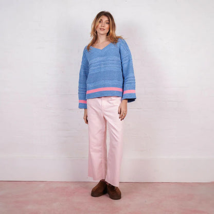 Cara & The Sky Judith Pointelle Stitch V Neck Jumper Blue