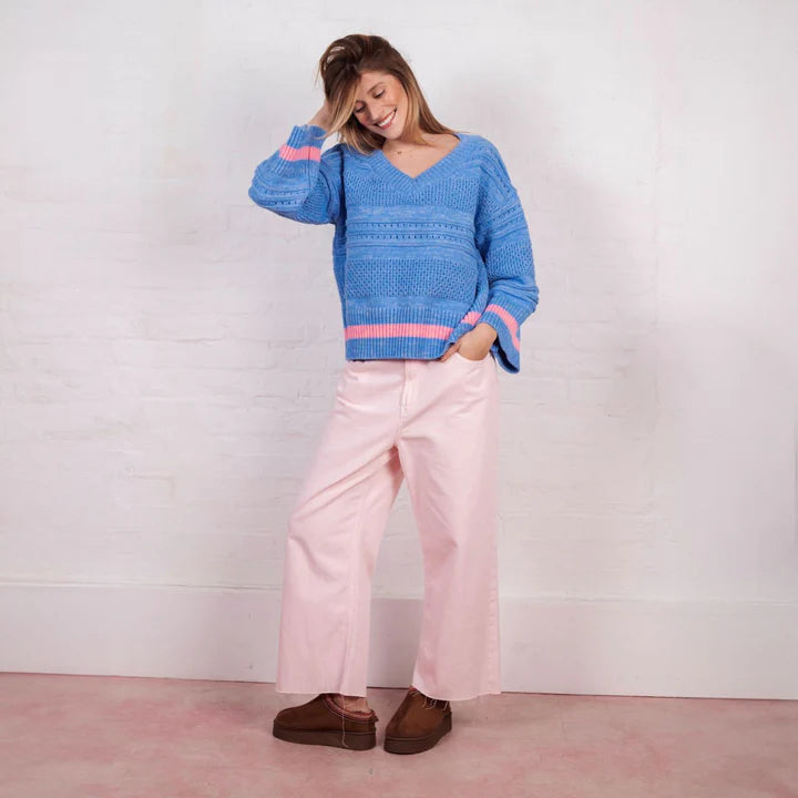 Cara & The Sky Judith Pointelle Stitch V Neck Jumper Blue