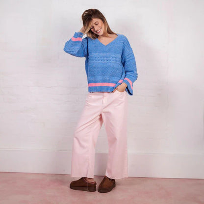 Cara & The Sky Judith Pointelle Stitch V Neck Jumper Blue