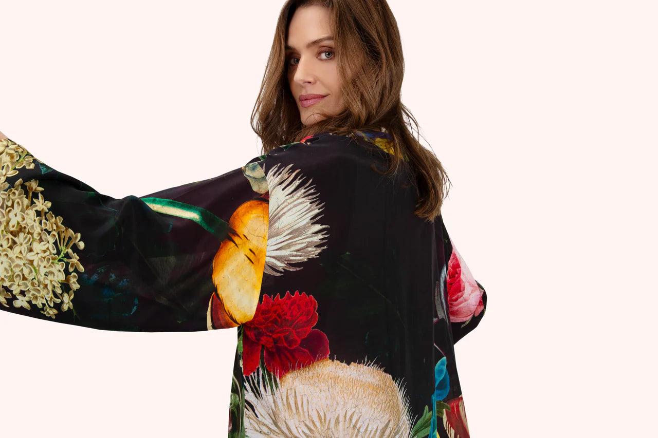 Powder Opulant Florals Mid-length Kimono Chocolate
