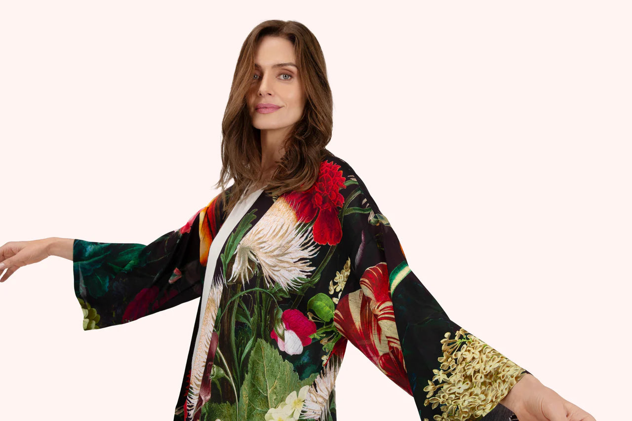 Powder Opulant Florals Mid-length Kimono Chocolate
