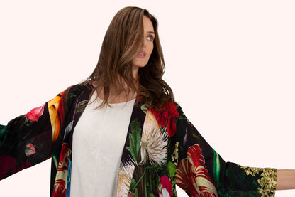 Powder Opulant Florals Mid-length Kimono Chocolate
