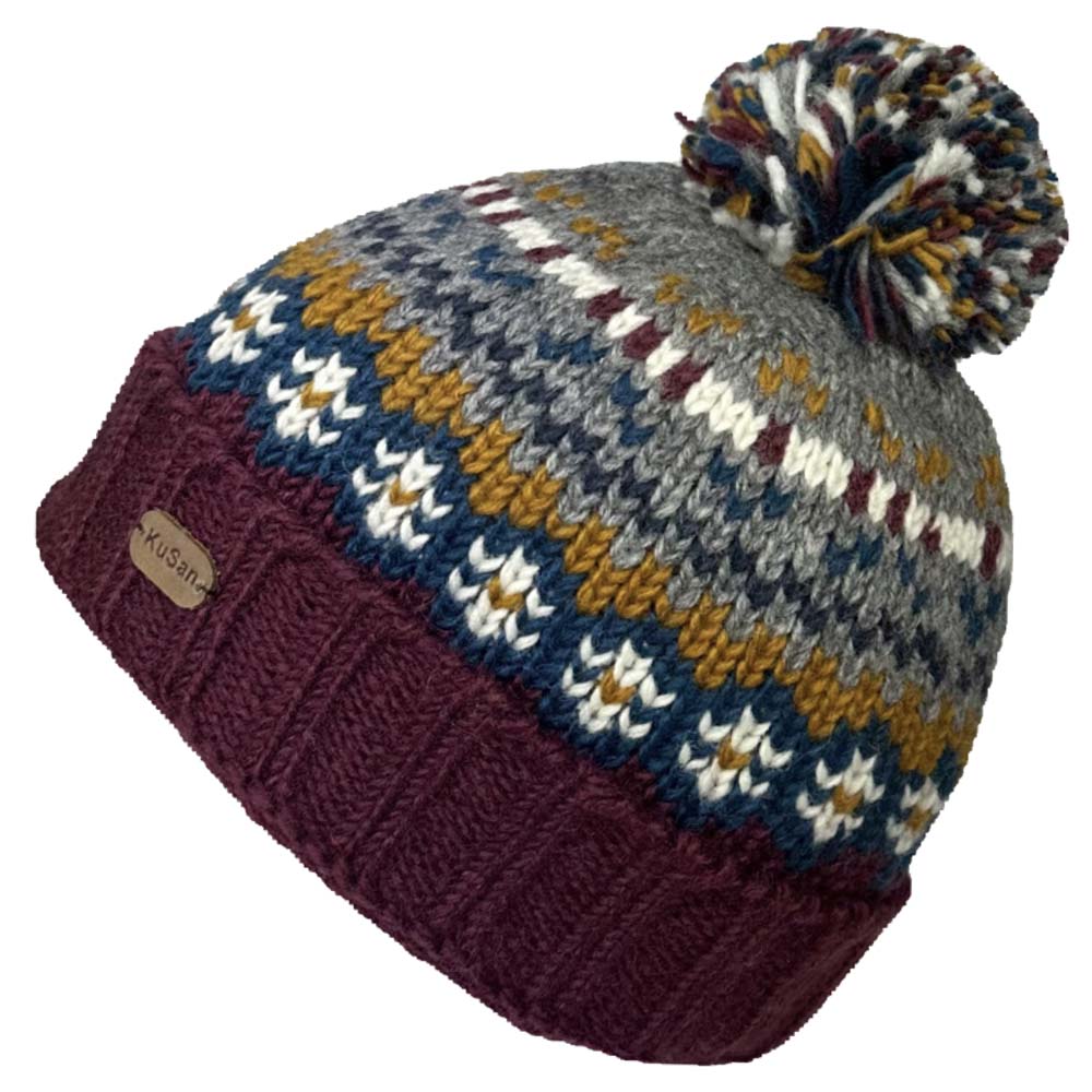 KuSan Bobble Hat Turn Up Plum Ethically sourced Beanie hat. Hand knitted caps that are Ethically produced and Sustainable Fashion mad from 100% New Zealand Wool & 100% Recycled Polyester Made From Recycled Plastic Bottles