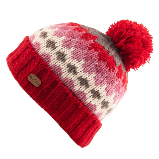 KuSan Bobble Hat Turn Up Red Grey Ethically sourced Beanie hat. Hand knitted caps that are Ethically produced and Sustainable Fashion mad from 100% New Zealand Wool & 100% Recycled Polyester Made From Recycled Plastic Bottles Knitted beanie with red and patterned design on a white background