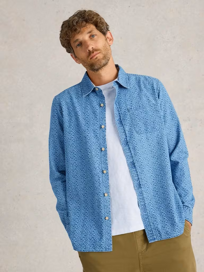 White Stuff Leaf Printed Long Sleeved Shirt Chambray Blue