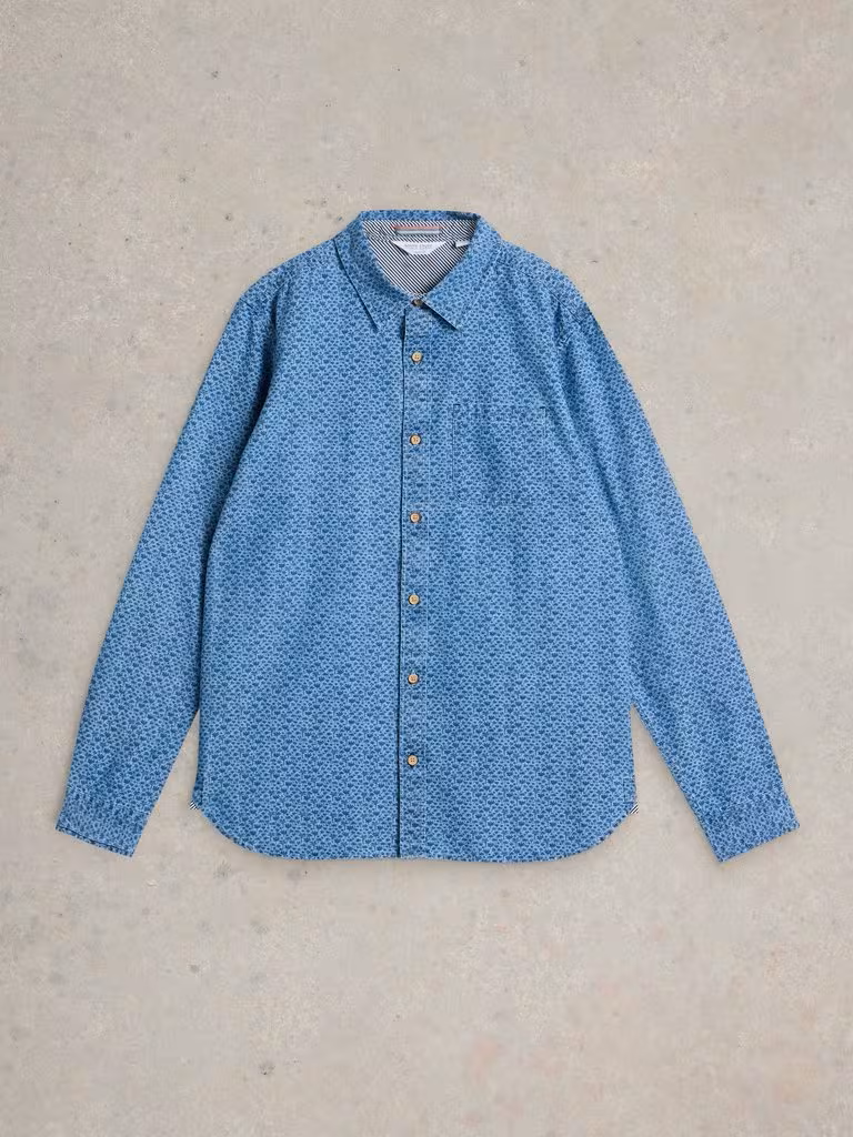 White Stuff Leaf Printed Long Sleeved Shirt Chambray Blue