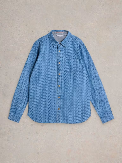 White Stuff Leaf Printed Long Sleeved Shirt Chambray Blue