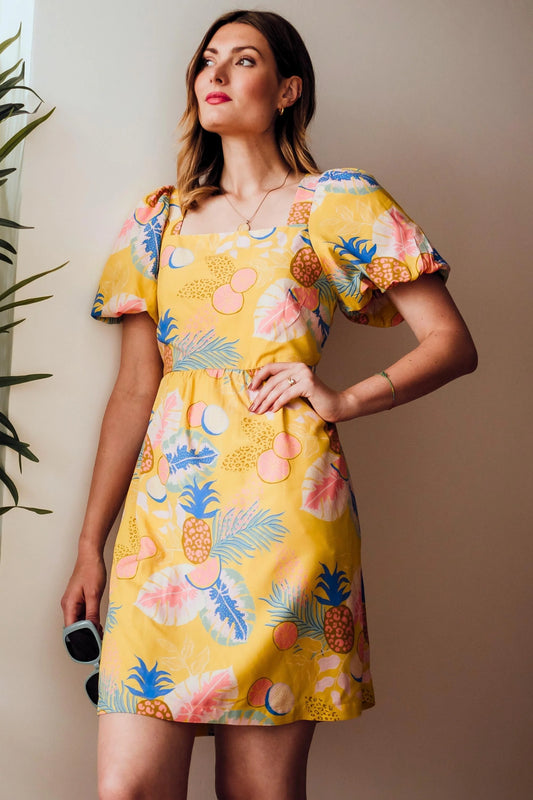 Sugarhill Brighton Lilou Dress Yellow Tropical Fruits sugarhill clothing womens summer dress