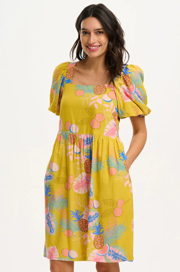 Sugarhill Brighton Lilou Dress Yellow Tropical Fruits sugarhill clothing womens summer dress