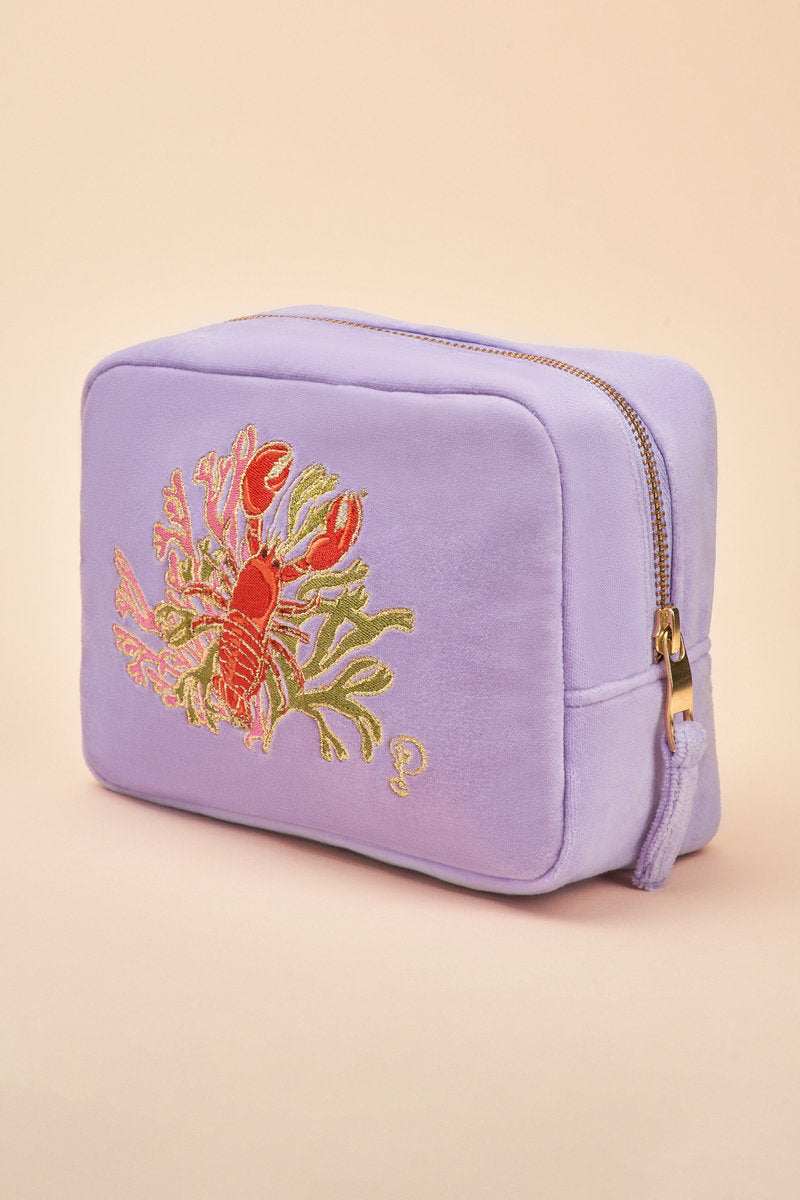 Powder Velvet Embroidered Make Up Bag Lobster Buddies Lavender