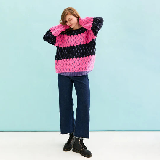 Cara & The Sky Marissa Stripe Bubble Stitch Jumper Navy