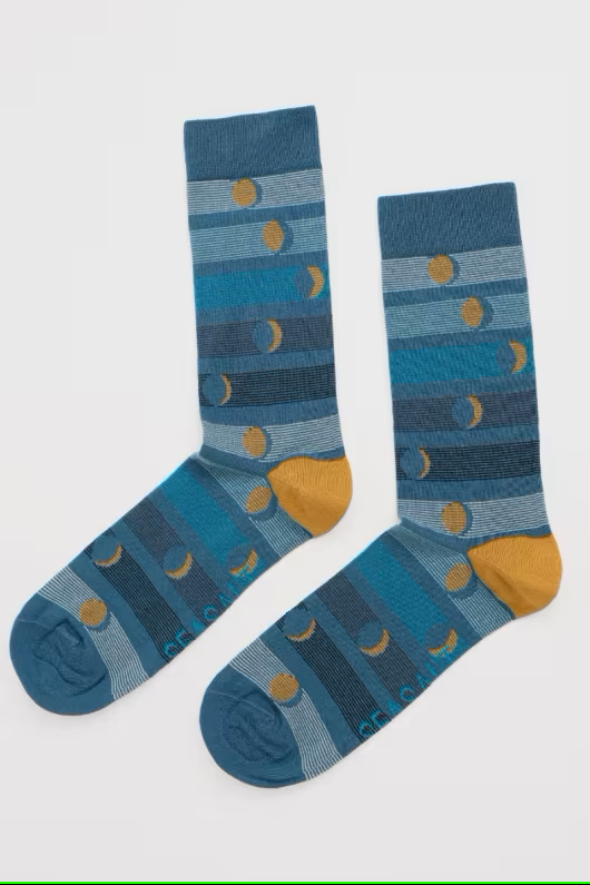 Seasalt Men's Arty Organic Cotton Socks Moon Phases Vintage Indigo