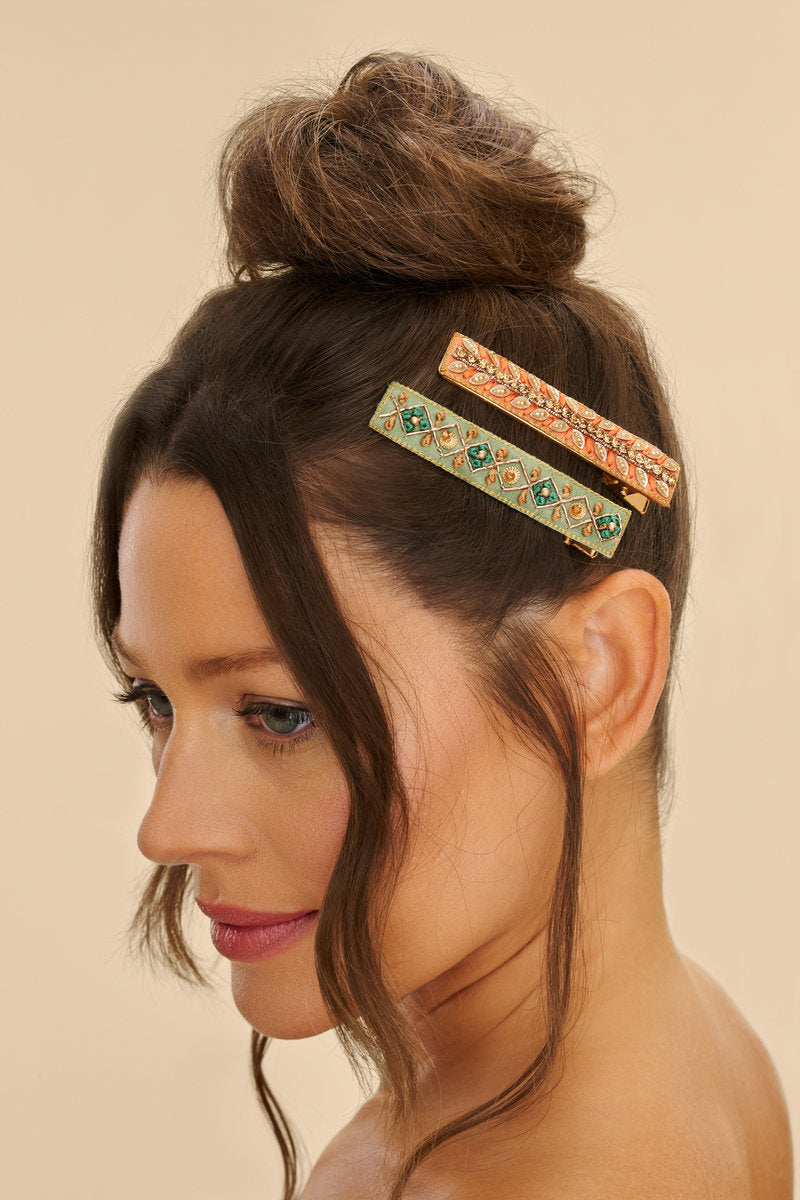 Powder Narrow Jewelled Hair Bar (Set of 2) Ribbon and Strike, Sage & Coral