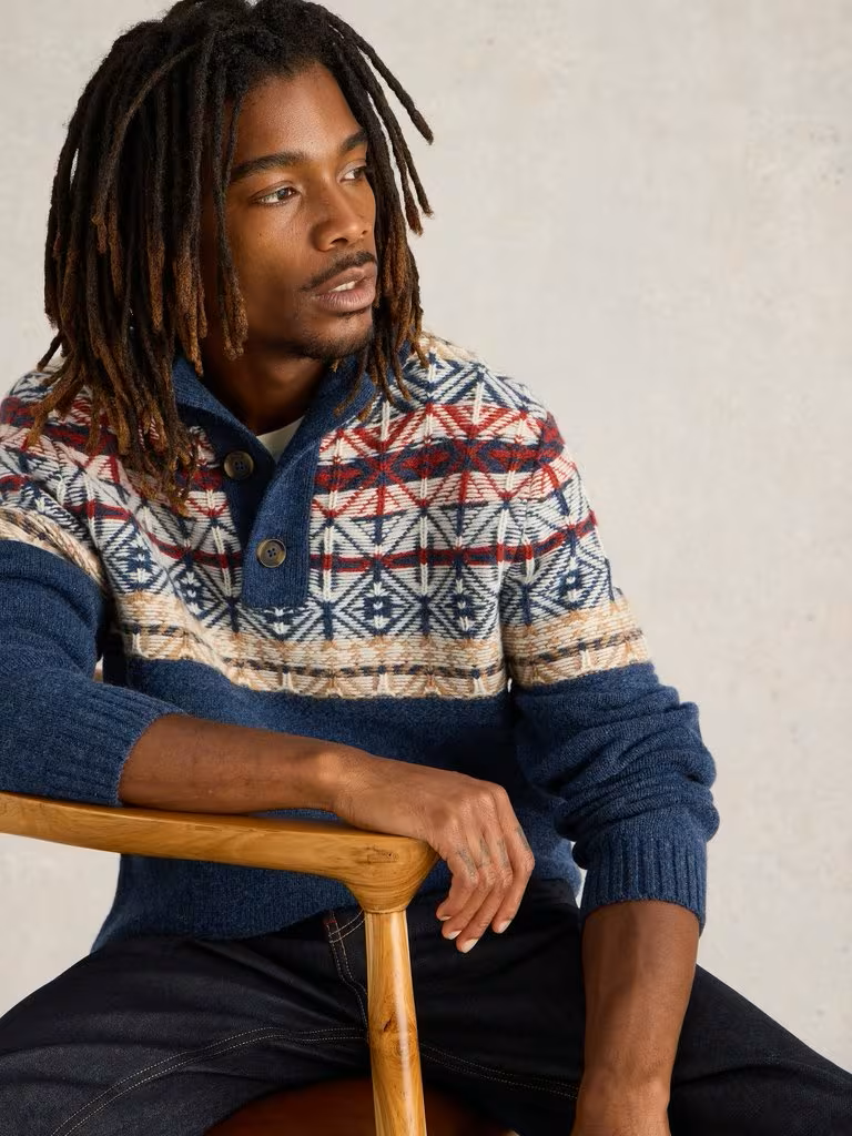 White Stuff Lewis Funnel Neck Fairisle Navy Mens Jumper White Stuff Clothing A funnel-neck knit 