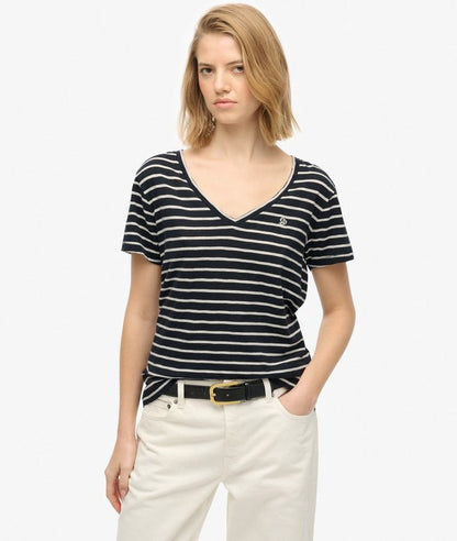 Superdry Studios Slub Embroidered V-Neckline T-Shirt Navy/Optic Stripe Superdry t-shirt Superdry Clothing