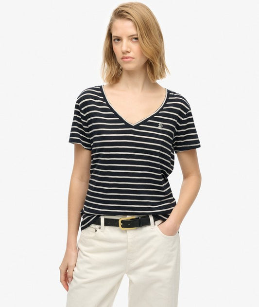 Superdry Studios Slub Embroidered V-Neckline T-Shirt Navy/Optic Stripe Superdry t-shirt Superdry Clothing