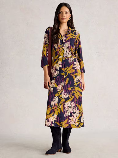 White Stuff Rua Jersey Collared Shirt Dress Navy Multi