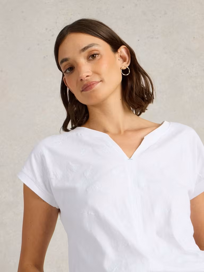 White Stuff Nelly Embroidered Notch Neck Tee Brilliant White