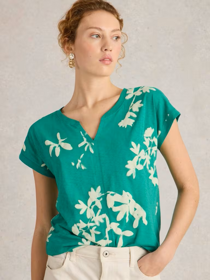 White Stuff Nelly Cotton Notch Neck Tee Green