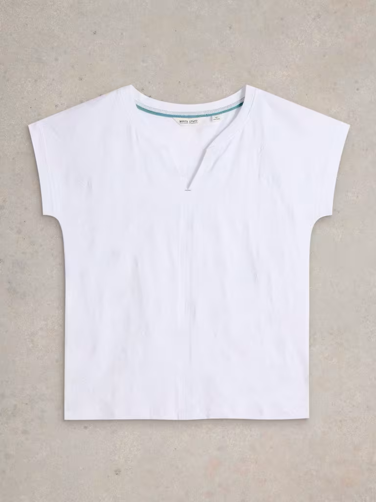 White Stuff Nelly Embroidered Notch Neck Tee Brilliant White