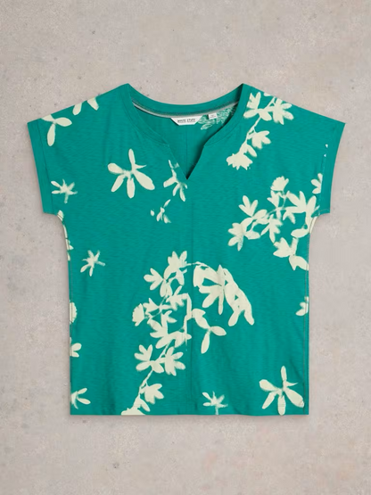 White Stuff Nelly Cotton Notch Neck Tee Green
