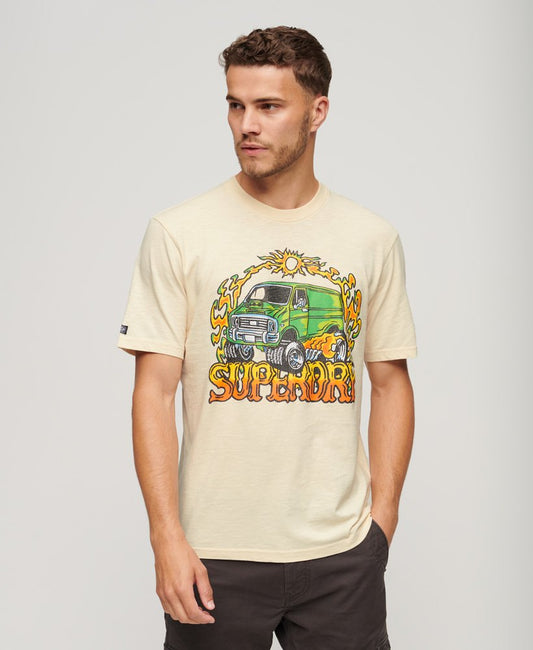 Mens Tshirt Superdry T-shirt Superdry Clothing Superdry Motor Retro Graphic T-Shirt Oatmeal White Channel
