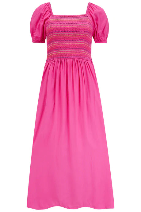 Sugarhill Brighton Octavia Midi Shirred Dress Dark Pink Rainbow Shirring