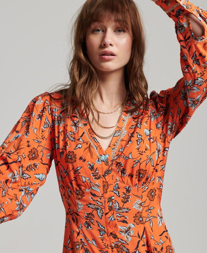 Superdry Printed V-Neck Midi Tea Dress Winterbloom Orange