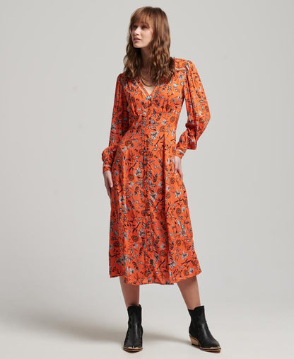 Superdry Dress Superdry Clothing Superdry Printed V-Neck Midi Tea Dress Winterbloom Orange