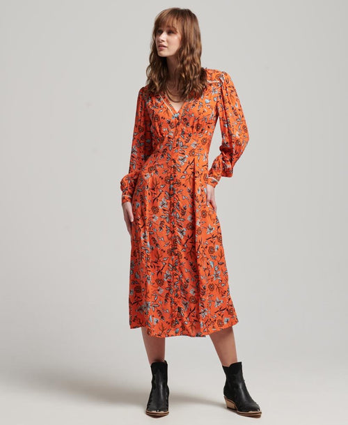 Superdry Printed V-Neck Midi Tea Dress Winterbloom Orange