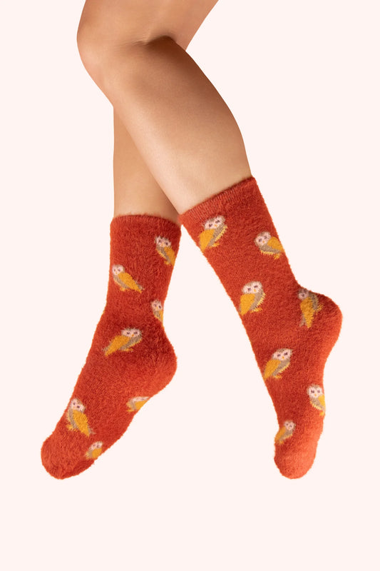 Powder Mini Owls Fuzzy Socks Tangerine