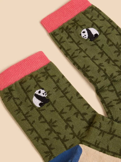 White Stuff Embroidered Panda Ankle Sock Green