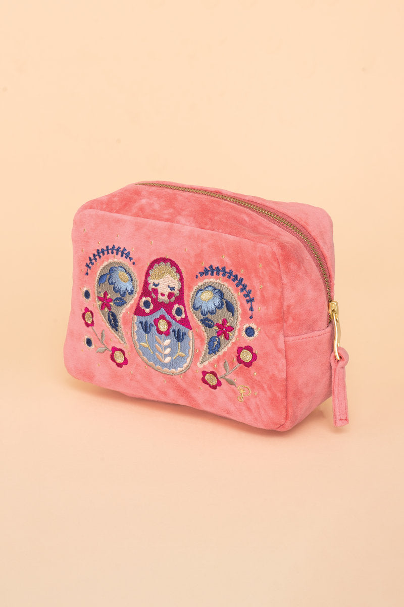 Powder Velvet Embroidered Make-Up Bag Matryoshka Doll Petal