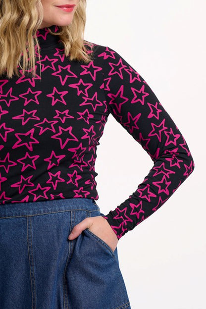 Sugarhill Brighton Annika Turtleneck Jersey Top Black/Pink Doodle Stars