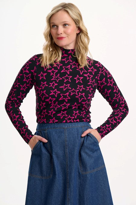 Sugarhill Brighton Annika Turtleneck Jersey Top Black/Pink Doodle Stars