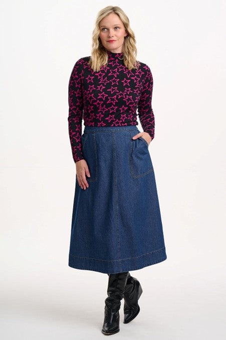 Sugarhill Brighton Annika Turtleneck Jersey Top Black/Pink Doodle Stars