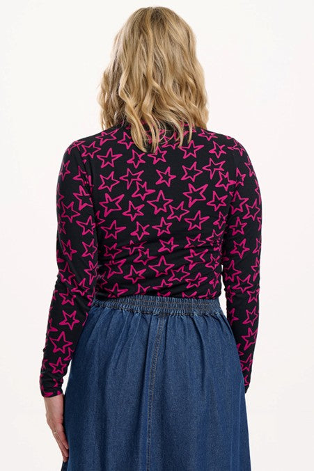 Sugarhill Brighton Annika Turtleneck Jersey Top Black/Pink Doodle Stars