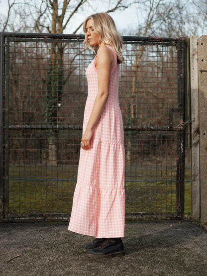Cara & The Sky Paula Gingham Cotton Knitted Midi Dress Soft Pink