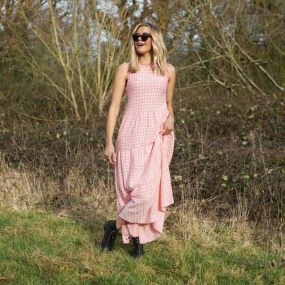 Cara & The Sky Paula Gingham Cotton Knitted Midi Dress Soft Pink