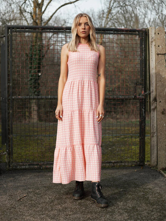 Cara & The Sky Paula Gingham Cotton Knitted Midi Dress Soft Pink Cara and the Sky Clothes Womens Dress