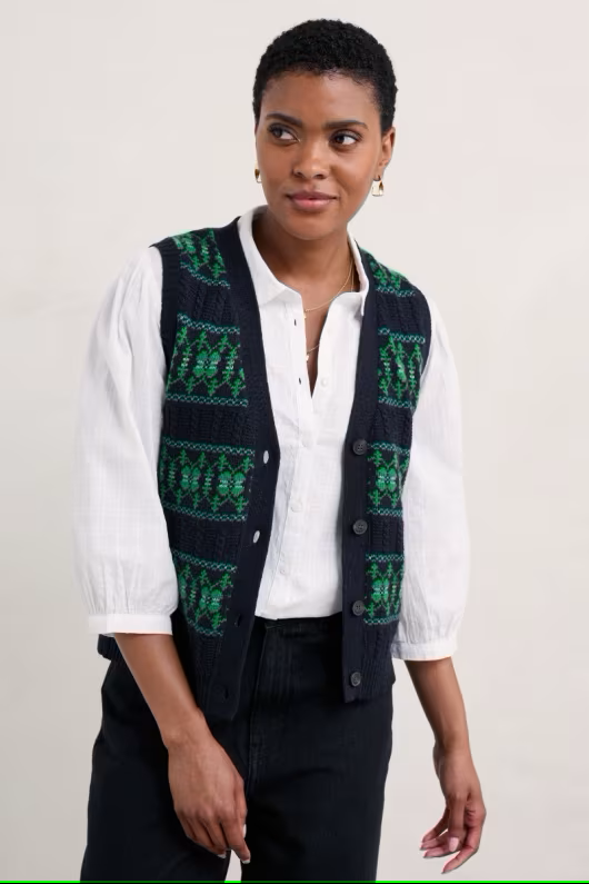 Seasalt Partridge Fair Isle Waistcoat Vest Porcelain Maritime Hedgerow