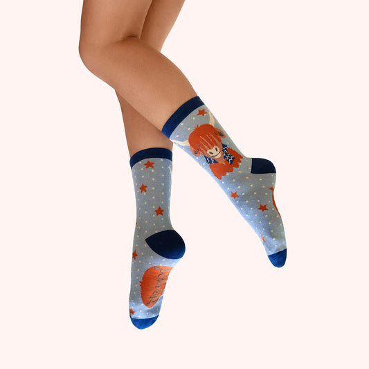 Powder Cosy Highland Cow Glitter Ankle Socks