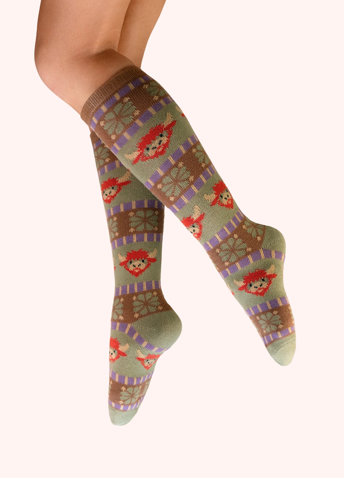 Powder Fair Isle Highland Cow Knee High Socks