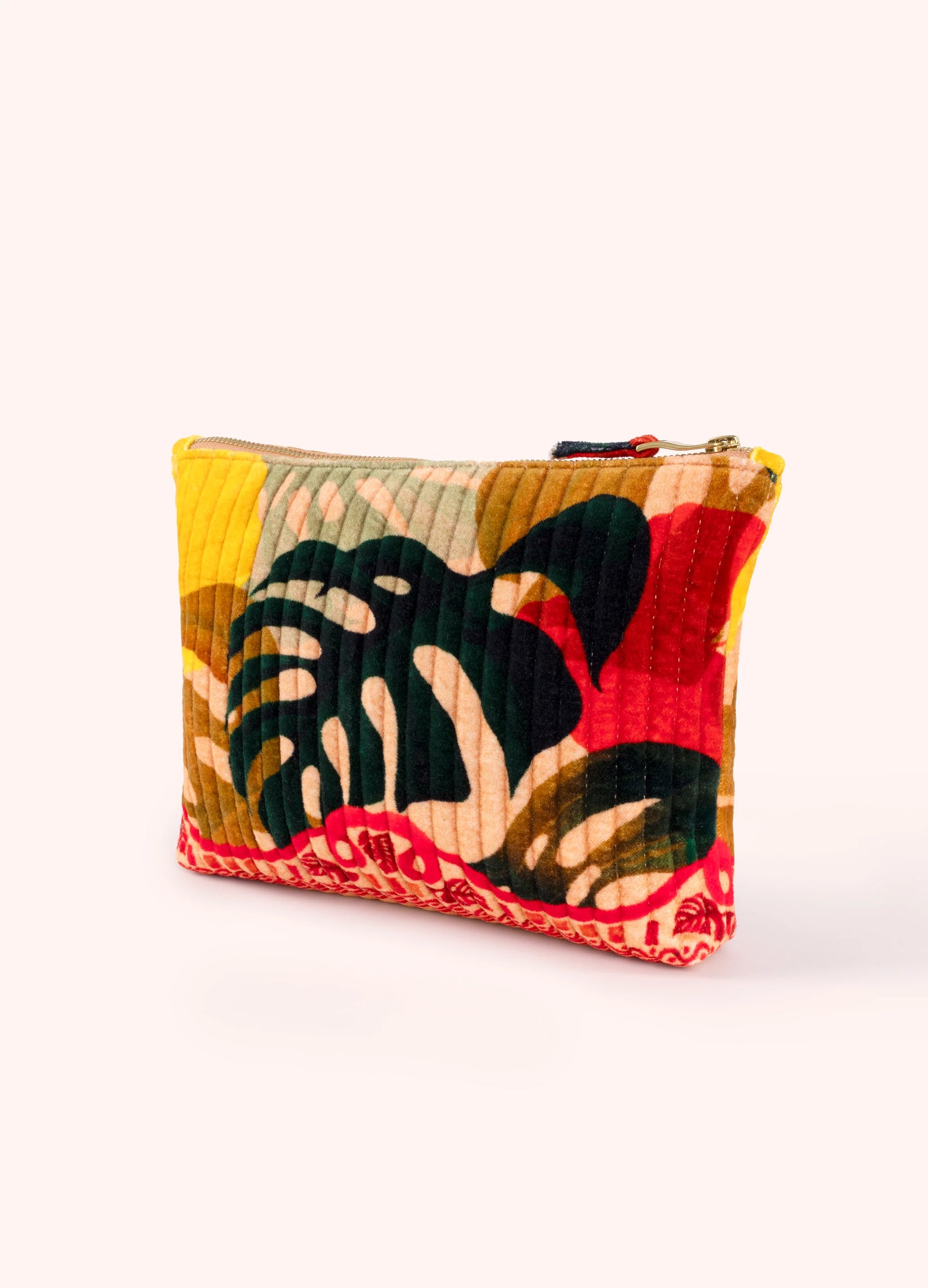 Powder Quilted Velvet Zip Pouch Exotic Leaves