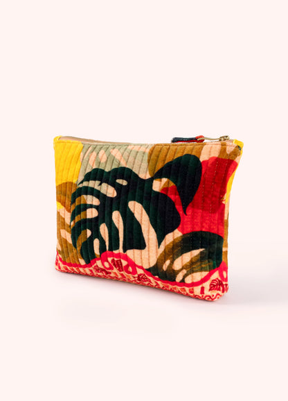 Powder Quilted Velvet Zip Pouch Exotic Leaves