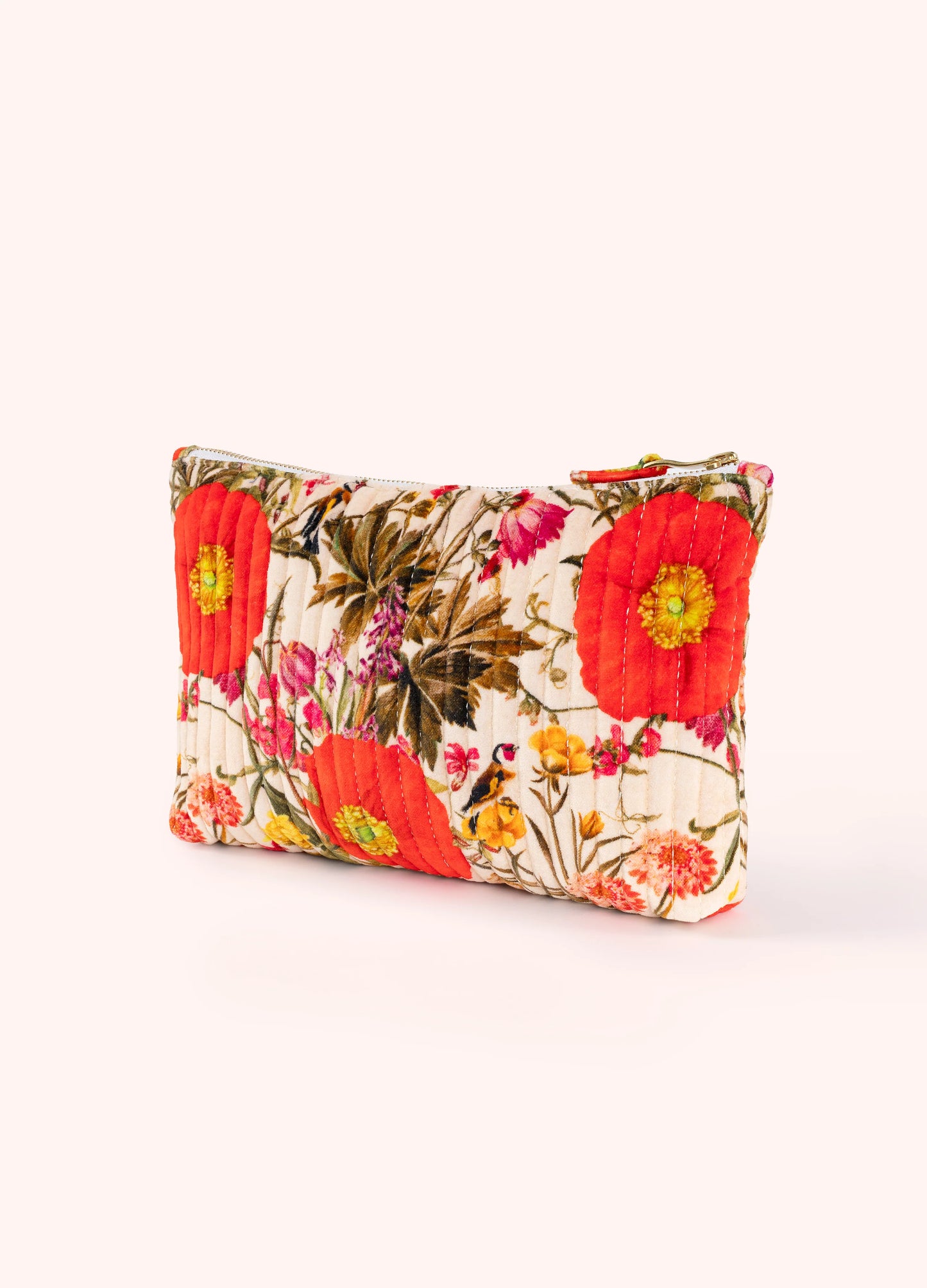 Powder Quilted Velvet Zip Pouch Fine Flowers Cream