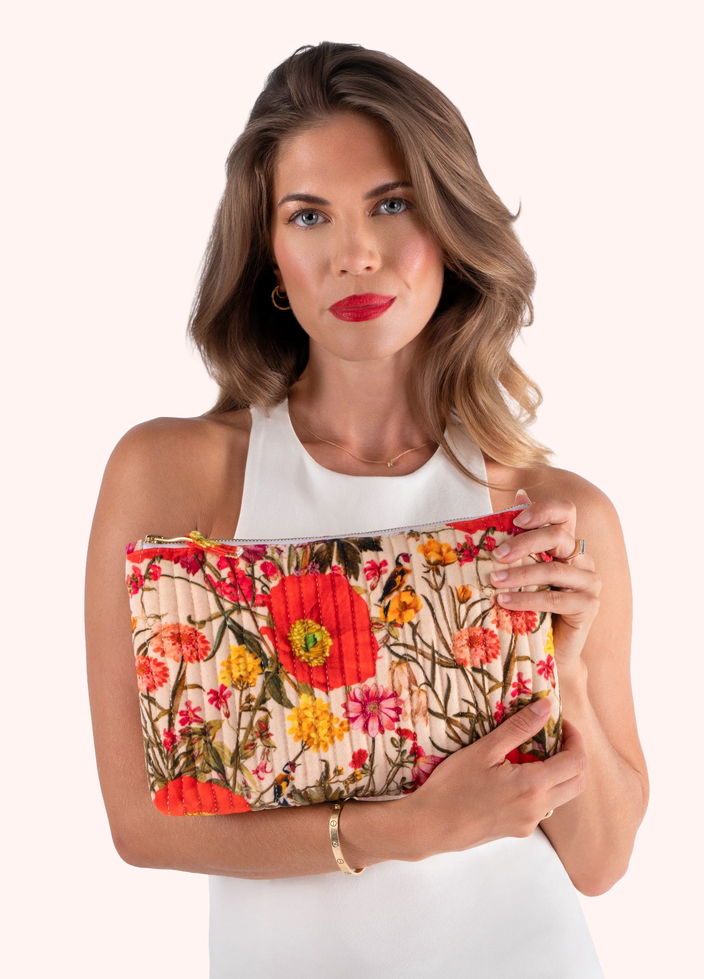 Powder Quilted Velvet Zip Pouch Fine Flowers Cream